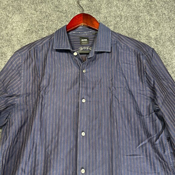 Hugo Boss Shirt Mens Medium Blue Stripe Cotton Button Up Long Sleeve - Picture 3 of 10